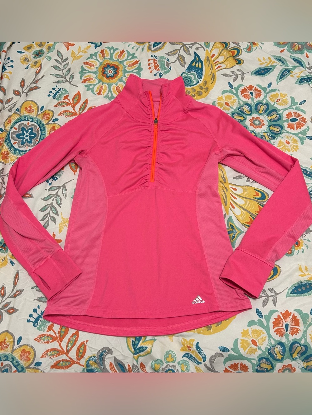 bright pink adidas quarter zip 
has thumb holes in sleeves
size small